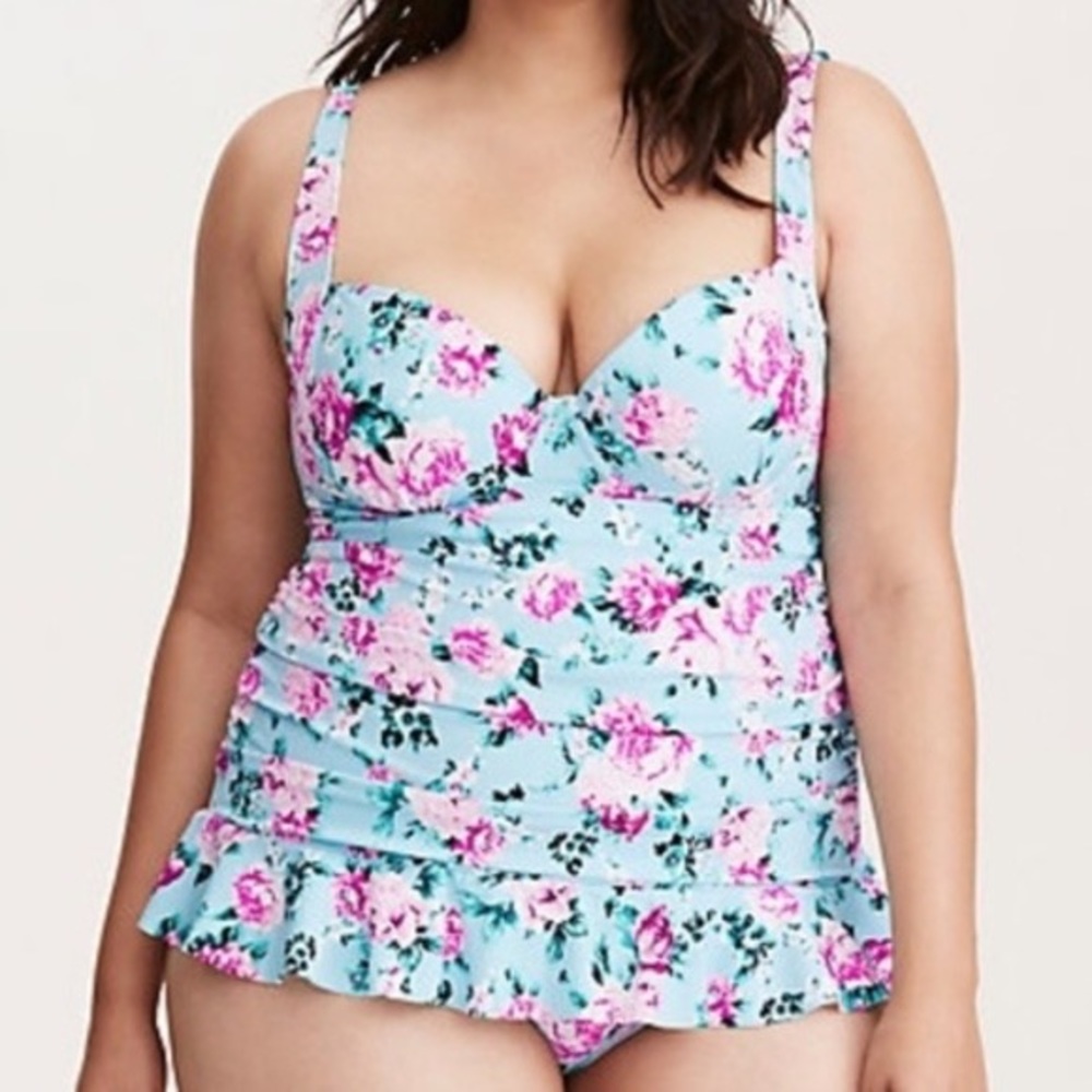 Torrid 3x Aqua and pink floral swim dress
